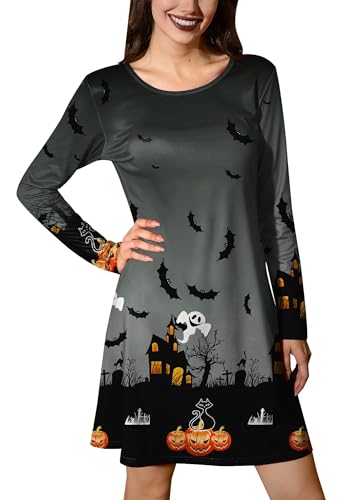 Women's Halloween Cute Sexy Party Loose Fit Dresses Long Sleeve Knee Length Costume Bat Ghost Pumpkin Face XL