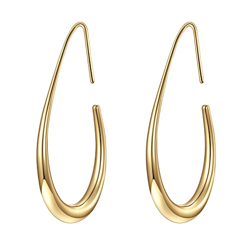 Lightweight Teardrop Hoop Earrings for Women - 14k Gold/White Gold Plated Large Oval Pull Through Hoop Earrings High Polished Statement Jewelry Gift for Women