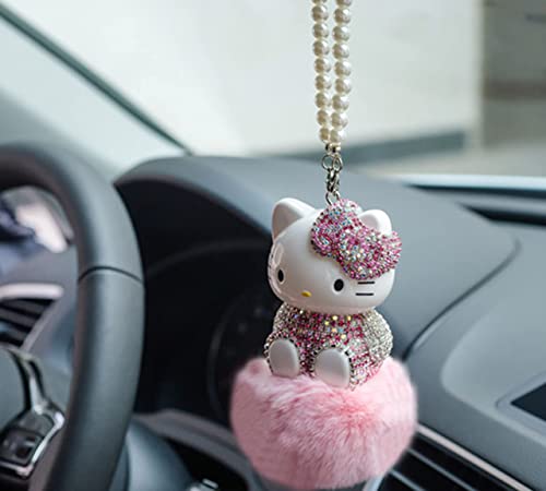 Cute Mirror Charms and Plush Ball Car Accessories for Women - Crystal and Diamond Cat Rear View Mirror Hanging Ornaments and Decor