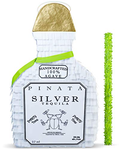 White Tequila Bottle Piñata with Stick - 17.5' x 10.5' x 3.5' Perfect for Party Decorations, Photo Prop, Birthday, Funny Anniversary, 21 birthday - Fits candy/favors