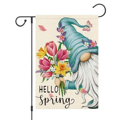 Hello Spring Gnome Garden Flag 12x18 Double Sided Burlap Butterfly Floral Garden Yard Flags for Spring Summer Rustic Seasonal Outside Outdoor House Decoration (ONLY FLAG)