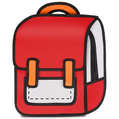 Aobiono Kawaii Backpack Cute Cartoon 3D Jump Style 2D Drawing from Comic Paper Anime Bookbag School Supplies Fun Daypack (Red)