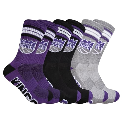 Ultra Game NBA Official Men’s Athletic Cushioned Secure Fit Team Crew Socks - 3 Pack - Unisex, Sacramento Kings, Assorted, M6-12