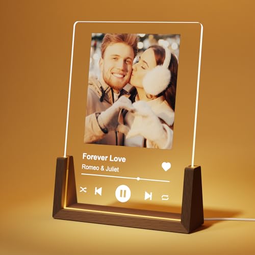 LUCKOR Personalized Photo Gifts for Girlfriend Women Wife Her, Customized Walnut LED Picture Frame for Couple Boyfriend Him, Custom Spotify Plaque for Anniversary Birthday Christmas Valentines Day