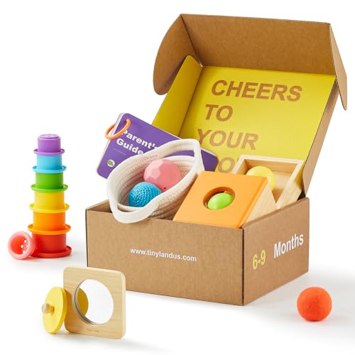 Tiny Land Montessori Toy Set for Babies 6-9 Months - 4-in-1 Wooden Learning Toys with Object Permanence Box, Sensory Ball & Treasure Basket, Stacking Cups and Mirror Puzzle