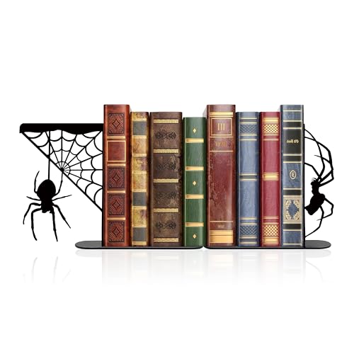 Metal Spider and Spider Web Bookend, Farmhouse Decorative Animal Book Ends, Unique Bookends, Gothic Halloween Decor, Cute Spooky Goth Book Ends for Shelves Kitchen, Black