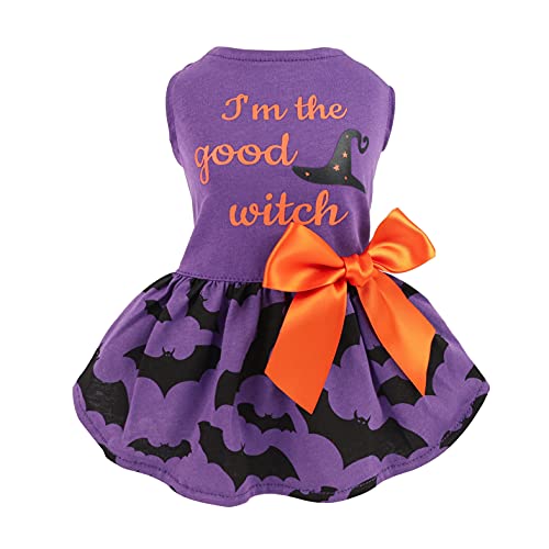 Fitwarm 100% Cotton I'm The Good Witch Halloween Dog Costume Puppy Dress Doggie Party One Piece with Bowknot Pumkin Bat Pet Vest Shirt Holiday Cat Outfits Purple Small