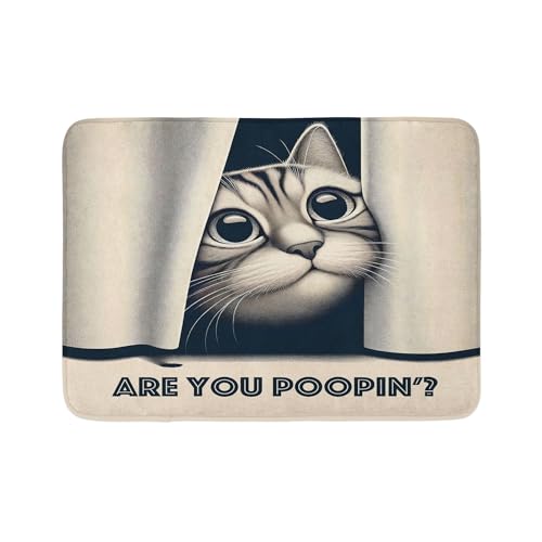 Ambesonne Cat Bath Mat, are You Poopin' Curious Kitty Retro Effect Funny Whimsical Humorous Joke Concept, Plush Bathroom Decor Mat with Non Slip Backing, 30.2' x 20', Dark Blue Ivory