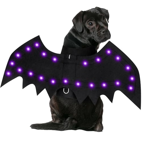 Yoochee Light Up Dog Halloween Costume, Halloween Dog Bat Wings Costume with 20 Purple Lights, Funny Dog Costumes Halloween for Small Medium Large Dogs Cats, Pet Costume Cosplay for Party(Large)