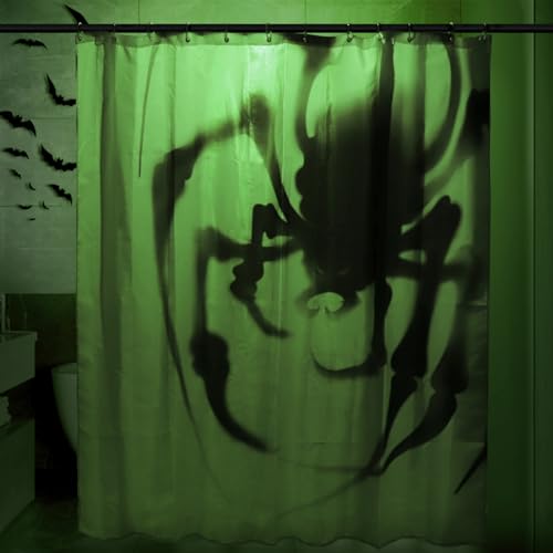 MelonBoat Halloween Shower Curtain Set: Spooky Large Spider Silhouette Bathroom Shower Curtain with Hooks, Black White Haunted House Fabric Shower Curtain for Halloween Decorations Indoor, 72' x 72'