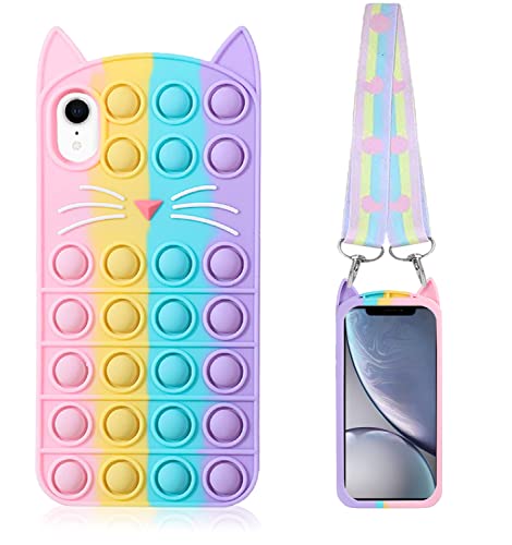 GDDJONG Fidget Pop Phone Case for iPhone XR [1 Pack], Stress Relief Push Pop Bubble 3D Cartoon Funny Kawaii Cute Fun Soft Silicone Design Cover for Girls Kids Boys (for iPhone XR 6.1'-1Pack Cat)