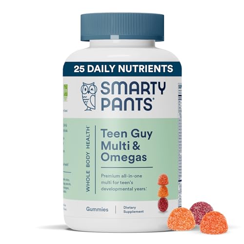 SmartyPants Teen Guy Multivitamin Gummies: Omega 3 Fish Oil (EPA/DHA), Vitamin D3, C, Vitamin B12, B6, Vitamin A, Gluten Free, Great Stocking Stuffers, Gifts for Teen Boys, 120 Count (30 Day Supply)