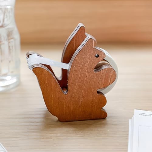 ROLUXENTIA Clear Tape Dispenser - Wooden Squirrel Cute Design for Office & School Desktop - 1/2' x 250 in Tape Included