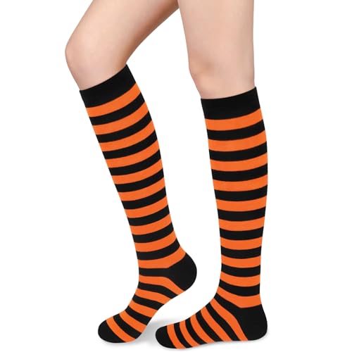 Orange and Black Striped Socks Womens Halloween Socks Woman Halloween Knee High Socks Orange Striped Socks Witch Socks