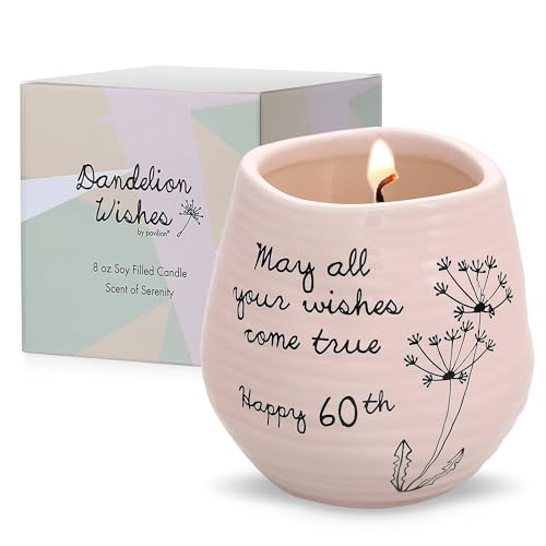 Pavilion - 8 Oz Candle Holder - Pink Ceramic Candle Jar with 100% Soy Wax Candle Serenity Scent 'May all your wishes come true Happy 60th' Ideal Gift for Loved Ones - Printed Text, Love Theme & Oval