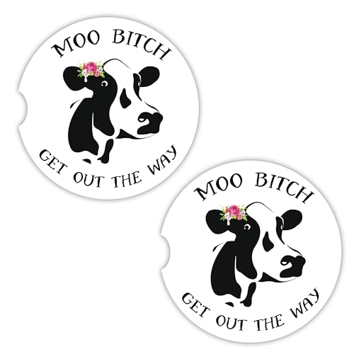 Cow Car Coasters for Cup Holders - 2 Pack, Cute Cow Print Car Accessories for Women, Funny Highland Cow Stuff Decor, Absorbent Ceramic Cup Holder Coasters for Car to Keep Clean, Country Western Gift