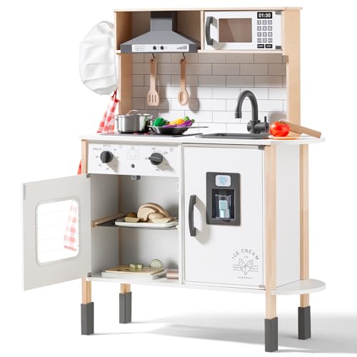 Tiny Land Play Kitchen for Kids, Wooden Kids Play Kitchen Playset Chef Pretend Play Set for Toddlers with Real Lights & Sounds, Toys Kitchen with 18 Pcs Toy Food & Cookware Accessories