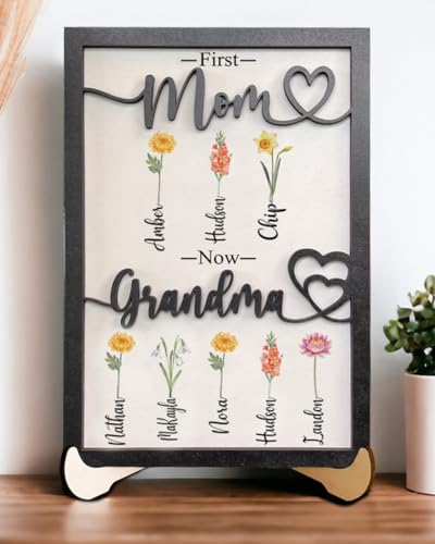 First Mom Now Grandma Mothers Day Custom Plaque, Custom Name Grandkids' Birth Month Flower Mom Gift, Personalized Nana Grandma Birthday Gift, Mom Gifts, Mama Gifts