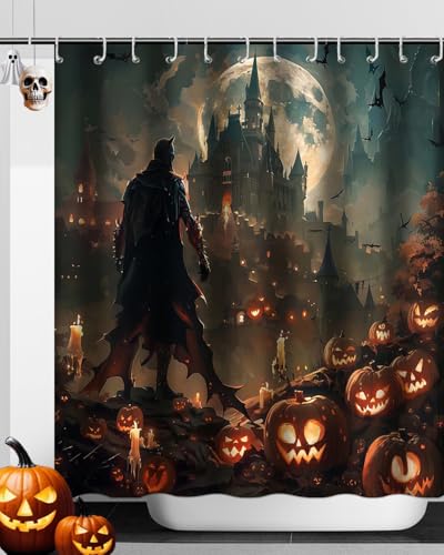 Mocsicka Halloween Shower Curtain with 12 Hooks Horror Gothic Castle Pumpkin Shower Curtain Dark Fall Moon Vampire Scary Ghost Halloween Home Bathroom Decor Waterproof Fabric Shower Curtain