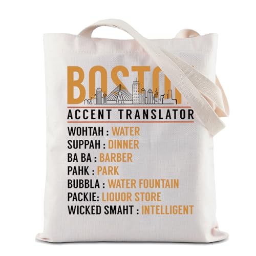 ZJXHPO Boston Accent Translator Tote Bag State Massachusetts Souvenir Bostonians Reusable Shopping Bag Boston Skyline Gift (Boston Tote)