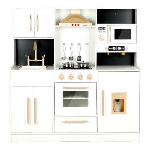 Kinder King Wooden Kids Play Kitchen, Toy Kitchen Playset for Toddler, Realistic Kitchen Sets w/Lights & Sounds, Pretend Coffee Machine, Kitchen Hood, Gift for Boys Girls Age 3+, Gold