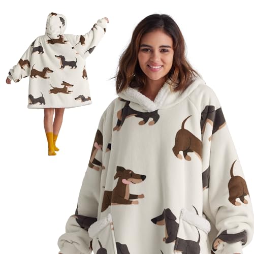 Bedsure Wearable Blanket Hoodie, Blanket Hoodies for Women Sherpa Hoodie as Gifts for Her Mom Girlfriend Kids, Hooded Blanket, Standard, Dachshund, Grey