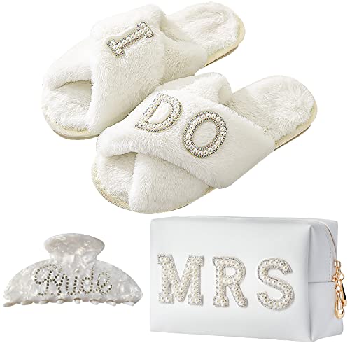 Tkifoda Bride To Be Gift Set Bride Makeup Bag I Do Bride Slippers Bride Robe Bride Hair Clip Bride Gifts Wedding Gifts (Slippers+Makeup Bag+Clip)