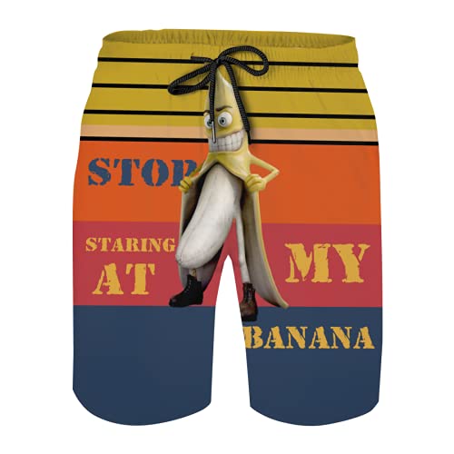 Stop Staring at My Banana Funny Custom Trunks Men's Quick Dry Beach Shorts with Mesh Lining and Pockets XL