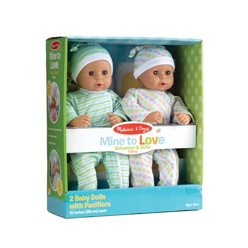 Melissa & Doug Mine to Love Twins Sebastian & Sofia 15” Medium Skin-Tone Boy and Girl Baby Dolls with Rompers, Caps, Pacifiers