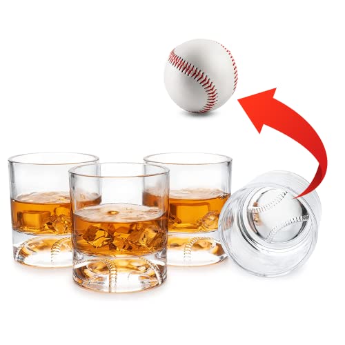 The Wine Savant Baseball Whiskey Glass - Gifts for Dads, Fathers, Coaches & Baseball Lovers 12oz Whiskey Glass for Any Occasion, Baseball Lovers, Baseball Themed Party, Baseball Birthday Gift Set (4)