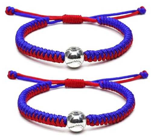 Handmade Braided Bracelets Baseball Gifts for Boys Adjustable Wristbands with Baseball Beads, Inspirational Baseball Bracelets for Girls Teens Adults (Blue Red 2PCS)