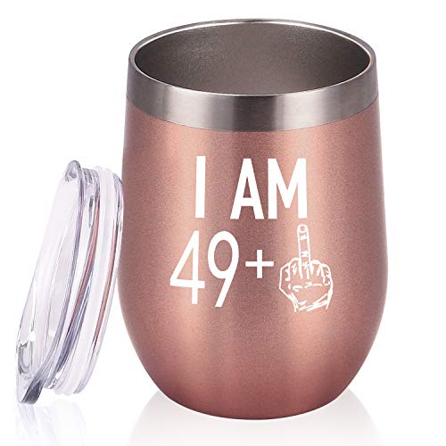 GINGPROUS 49 Plus One Middle Finger Wine Tumbler 50th Birthday Gifts for Women, Turning 50 Funny Tumbler Gifts Idea for Best Friends Wife Mom Coworkers, 12 Oz Insulated Tumbler Glasses, Rose Gold