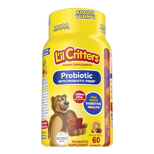 L’il Critters Probiotic Daily Gummy Supplement for Kids, for Digestive Health Support, Grape, Cherry and Orange Flavors, 60 Gummies