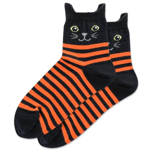 Hot Sox Women's Cute Animal Anklet Socks-Cool & Fun Pet Dog Ear Penguin Fashion Novelty Gifts, Black Cat (Orange) (1 Pair), 4-10