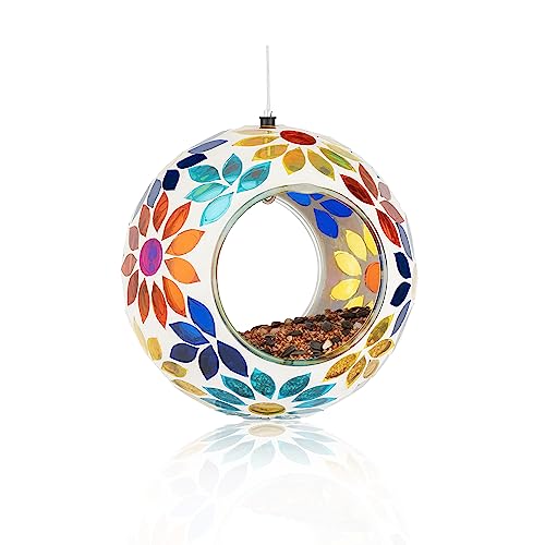 Backyard Expressions Hanging Glass Bird Feeder - Multicolor - Fly Through Bird Feeders for Outside, Mosaic Bird Feeder, Round Shape Wild Birdfeeder