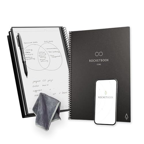 Rocketbook Core Reusable Spiral Notebook, Letter Size 8.5x11, Black - Dotted Pages, App-Connected, Erasable, Durable Cover, Ideal for School, Work, and Creative Projects