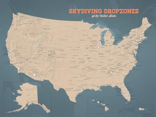 US Skydiving Dropzones Map 18x24 Poster (Tan & Slate Blue)