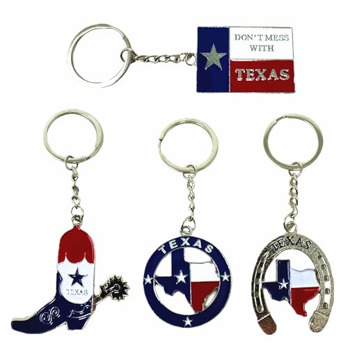 TSY TOOL 4 Pack Texas Keychain Texas Bundle Souvenir Metal Keychains Texas State Map Don't Mess with Texas Horse shoe Texas Boot Keyring Gifts