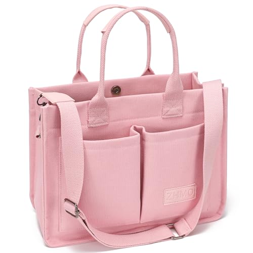 ZHMO Large Canvas Tote Bag for Women With Pockets,Pink Womens Laptop Work Book Bags Crossbody Purse Handbags Shoulder Hobo Travel Satchel Messenger Totes for Nurse Teacher College Church Gift Office