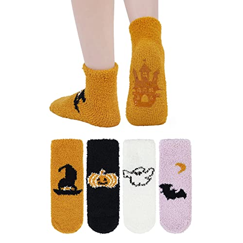 Century Star Women Halloween Socks Warm Super Soft Slipper Socks Fuzzy Fluffy Cozy 3-8 Pairs Home Socks 4 Pairs Halloween Pattern One Size