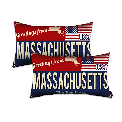 Massachusetts Throw Pillow Cover 12x20 Set of 2, Massachusetts Decor Gift Souvenir, American Flag License Plate Lumbar Pillowcase, Greetings from The Bay State(MA, USA) - Cushion Case Sham, No Inserts