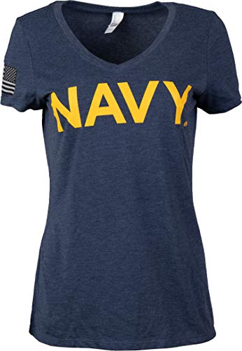 Ann Arbor T-shirt Co. Navy Chest Print & U.S. Military Sleeve Flag | Naval Veteran Sailor Women's V-Neck Shirt- Small