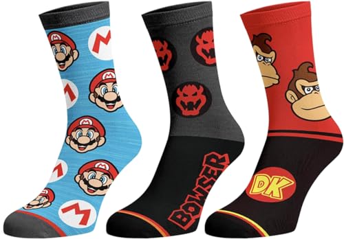 Bioworld Nintendo Super Mario Men's Bowser Donkey Kong Mario 3-Pack Mid-Calf Adult Crew Socks