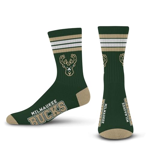 For Bare Feet NBA MILWAUKEE BUCKS 4 Stripe Deuce Crew Sock Team Color YOUTH