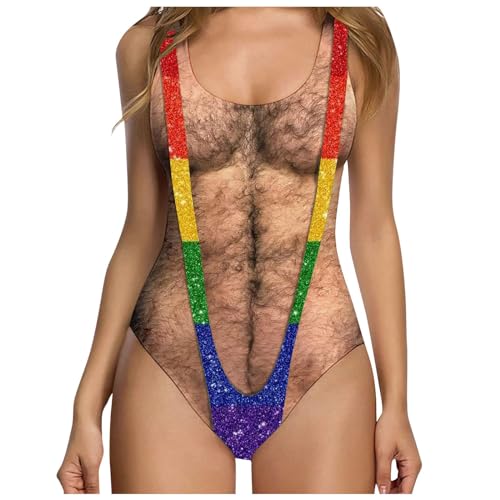 Generic Womens Swimsuits One Piece Novelty 3D Chest Hairy Bikini Print Funny Bathing Suit Swimwear Beachwear Deal of The Day Today, XX-Large