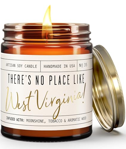 West Virginia Gifts, West Virginia Decor for Home - 'There's No Place Like West Virginia Candle, w/Tobacco, Vanilla & Bourbon I West Virginia Souvenirs State Gifts I 9oz Jar, 50Hr Burn, USA Made