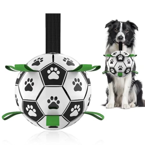 QDAN Dog Toys Soccer Ball with Straps, Interactive Dog Toys for Tug of War, Puppy Birthday Gifts, Dog Tug Toy, Dog Water Toy, Durable Dog Balls World Cup for Small & Medium Dogs（6 Inch）