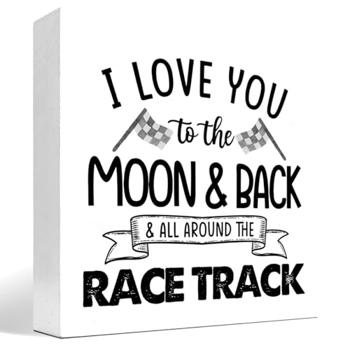 z-crange I Love You To The Moon And Back And All Around The Race Track Wood Box Sign Desk Decor,Farmhouse Racing Checkered Flags Box Block Sign for Home Boys Room Shelf Table Decor Decorations