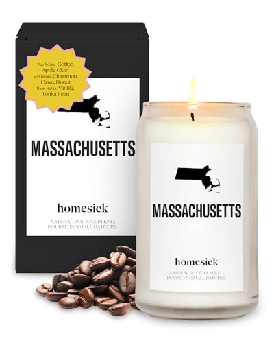 Homesick Scented Candles for Home (Massachusetts) - 13.75 oz Long-Lasting Soy Wax Jar Candle for Women & Men for All Occasions, 60-80 Hours Burn Time - Notes of Coffee & Apple Cider