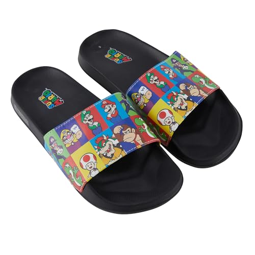 Nintendo Mens Mario Slide Sandals - Super Mario Shoes - Mario, Luigi, Kirby and Donkey Kong Slide Sandals Shoes (Black Rainbow, 12/13)